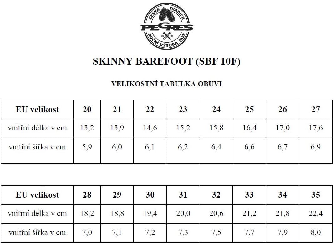 Pegres SBF10F velikostní tabulka
